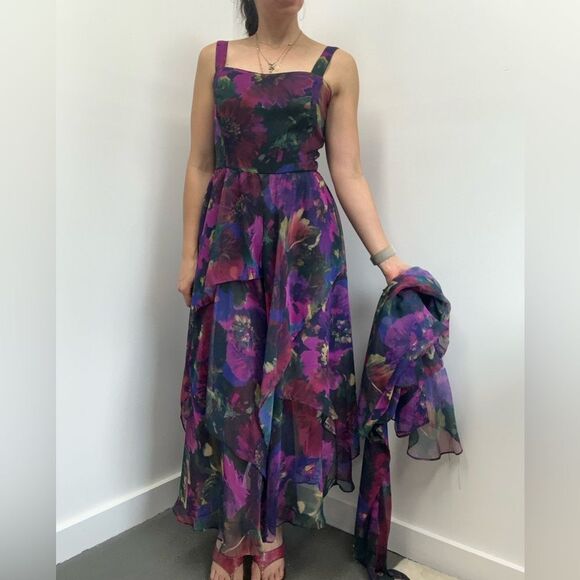 Carol Anderson 70's/80's Floral Tiered Chiffon 2 Piece Maxi Dress & Jacket Set S - Picture 4 of 16